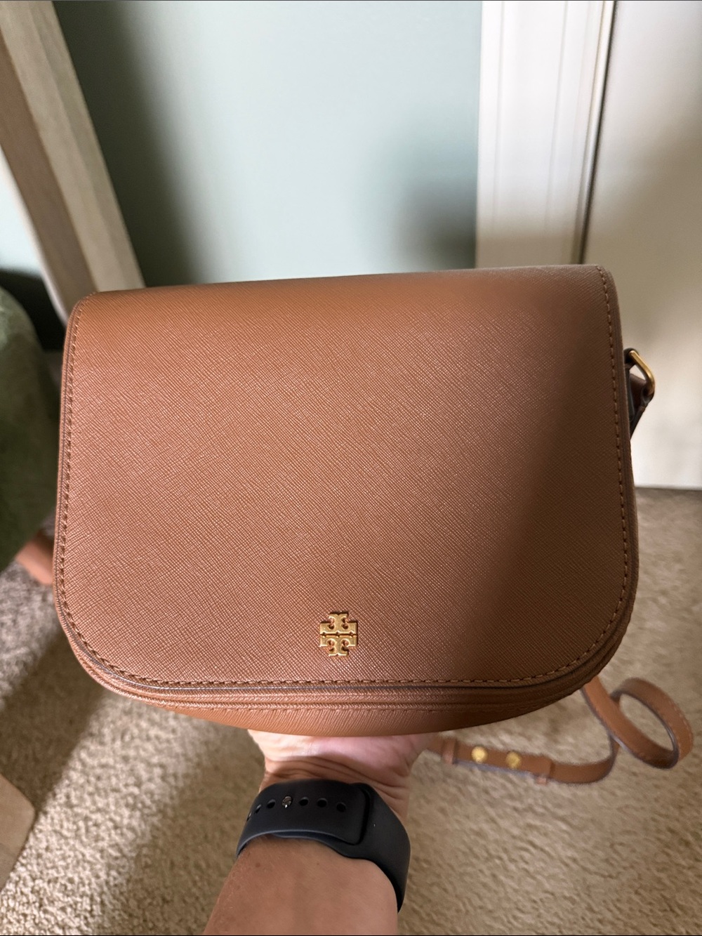 Tory Burch Emerson Saddle Crossbody Bag in Cognac Brown with Gold Logo